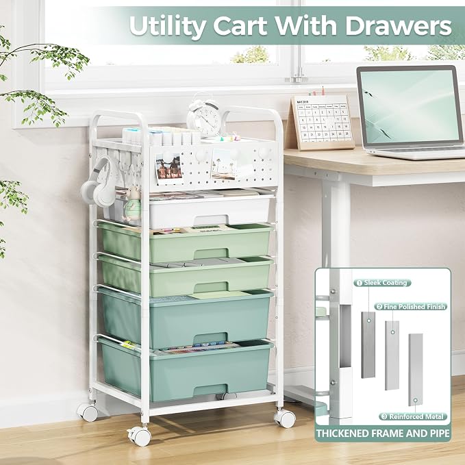 5 Drawer Rolling Storage Cart with Pegboard Top and Hooks, Mobile Organizer Cart with Wheels for Office Supplies, Craft Storage, Classroom Organization, Home Utility Cart, Gradient Green