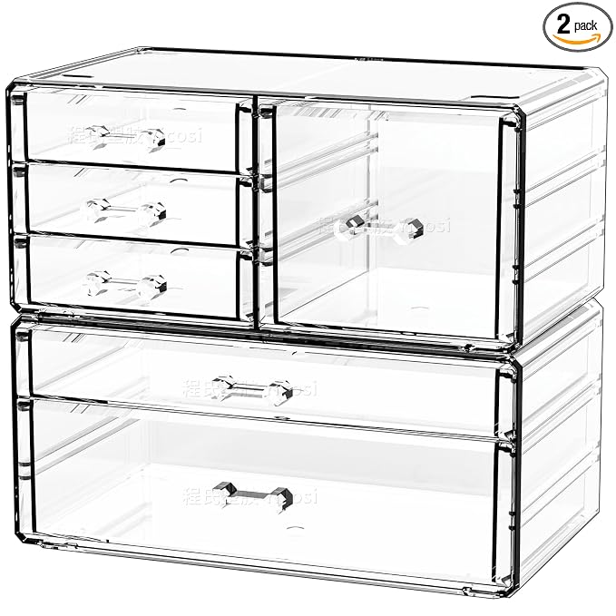 Cq acrylic 2 Pack Clear Desk Organizer With Drawers,Stackable 6 Drawers Skincare Organizer,Cute Skin Care Organizers for Vanity Hair Clip,Jewelry,Beauty Product Desk and Makeup Organizers Countertop