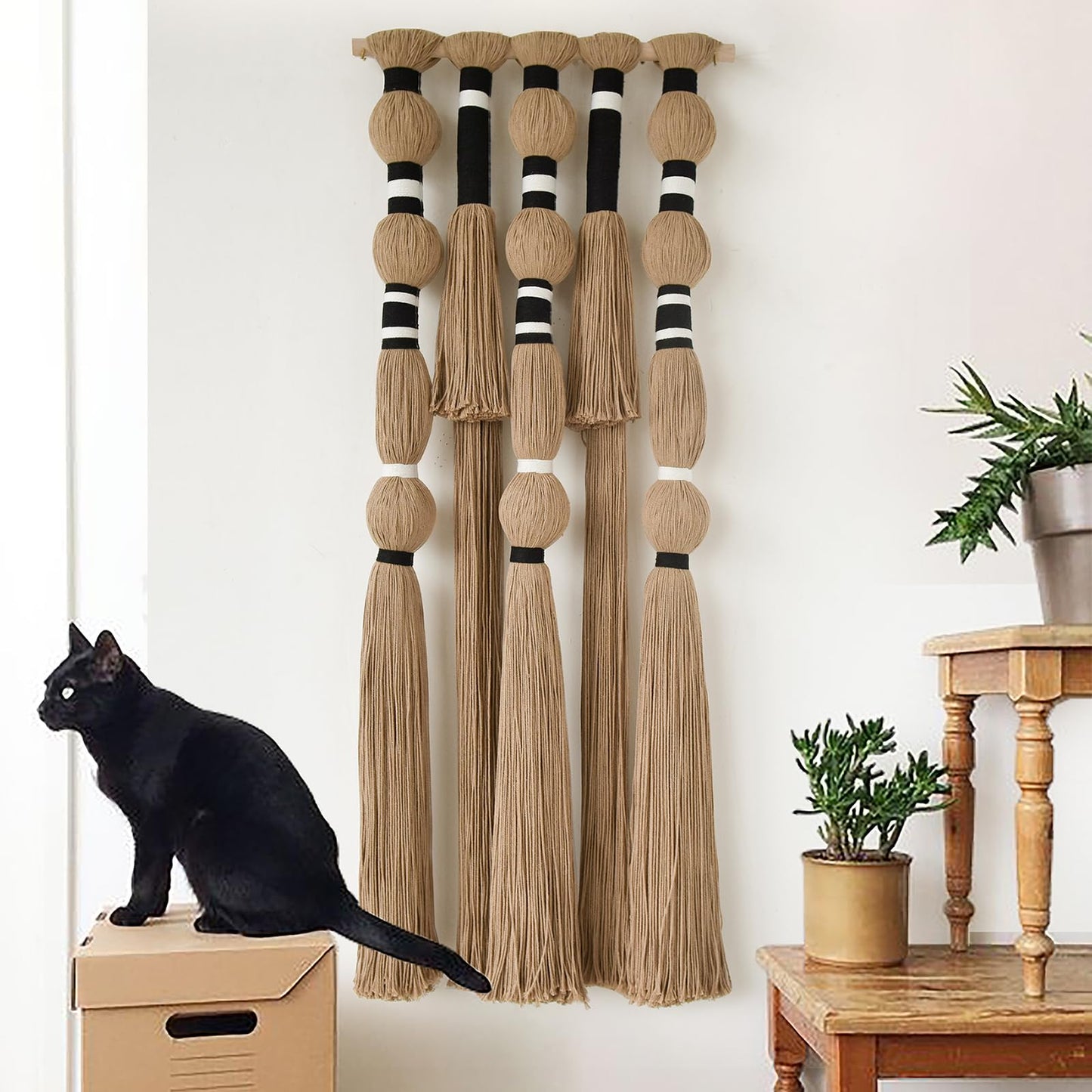 Flber Macrame Wall Hanging Khaki Black Geometric Yarn Wall Art Cotton Tassel Textile Wall Decor for Bedroom Living Room 15.7" W x 39" L