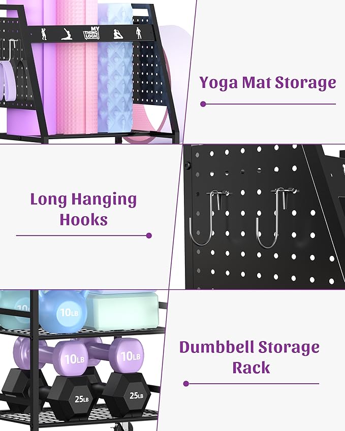 Mythinglogic Yoga Mat Storage Racks,Home Gym Storage Rack for Dumbbells Kettlebells Foam Roller, Yoga Strap and Resistance Bands, Workout Equipment Storage Organizer With Hooks and Wheels