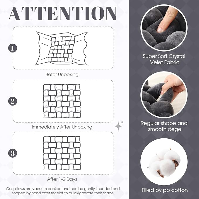 Wenqik 2 Pcs Knot Pillows Square Knotted Plush Throws Soft Accent Pillows Decoration Cushion for Couch Home Office Living Room Bedroom Bed Sofa Decor, 12'' x 13''(Dark Gray,Crystal Velvet)