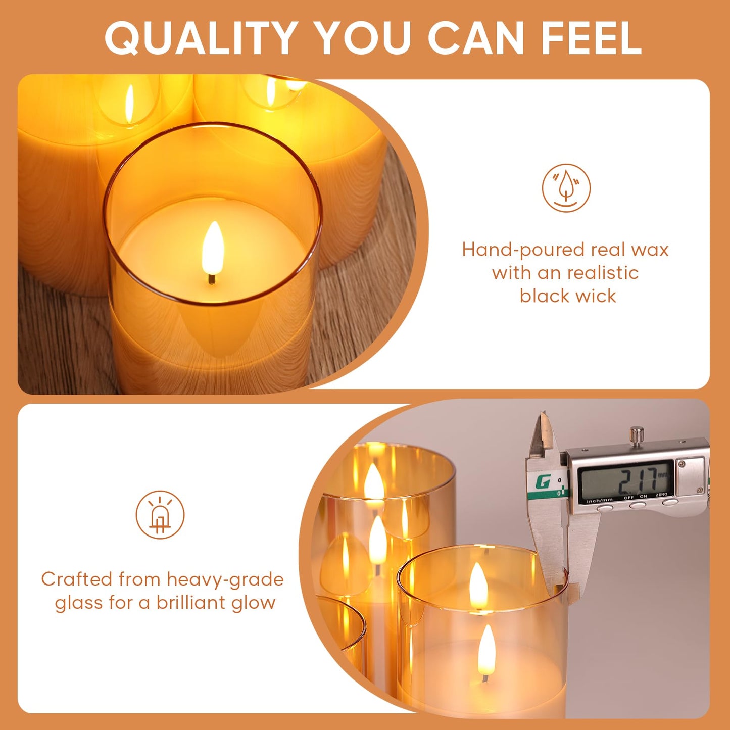 Eywamage Gold Glass Flameless Pillar Candles with Remote, Flickering Christmas LED Candles Battery Operated Set of 3