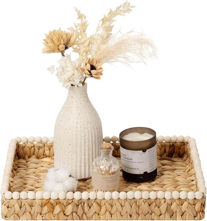 StorageWorks Rectangle Decorative Trays for Home Decor Farmhouse, Wicker Coffee Table Tray Decor with Wooden Beads and Handles, Large Woven Dining Room Decor Tray for Kitchen Counter, Living Room