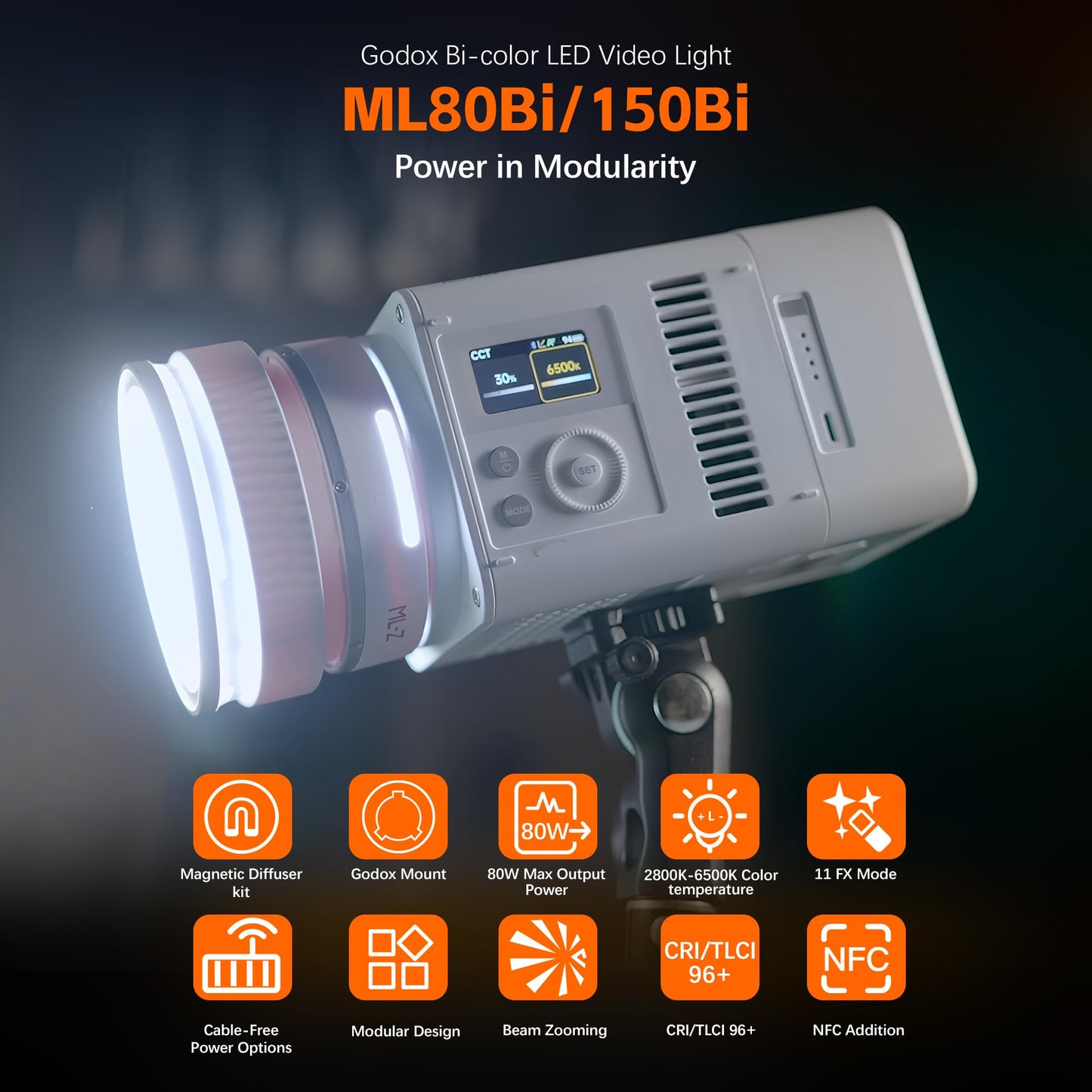 GODOX ML150BI LED Video Light BI-Color 2800K-6500K,Portable Handheld Led Photo Monolight,CRI 96+ TLCI 97+,61054Lux@1m,Support NFC&APP, for Photographers,Filmmakers,Studios