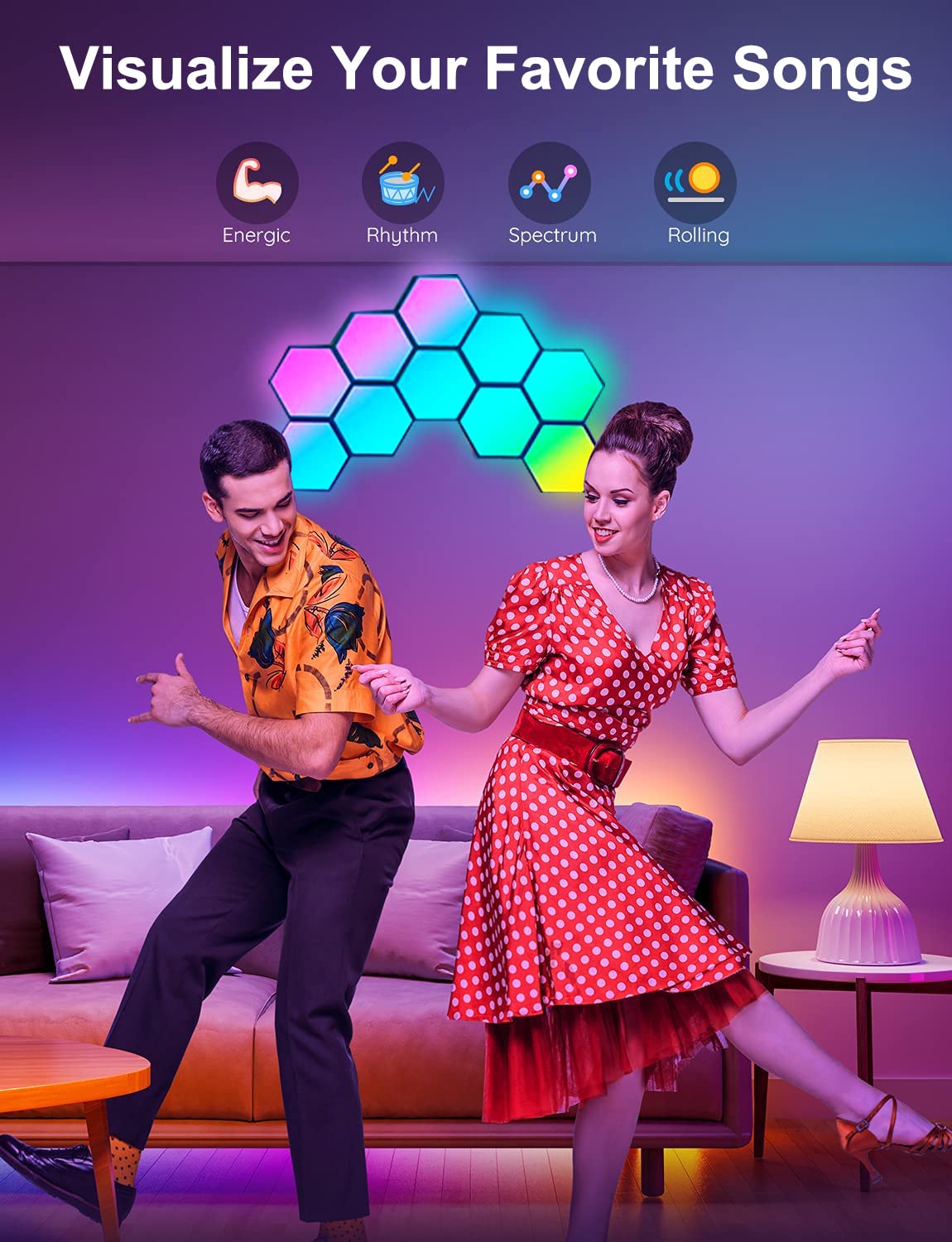 Amailtom Hexagon LED Lights Sync with Music, Hexagon Gaming Wall Lights App and Remote Control, 16 Million Colors Modular Light Panels DIY Geometry Splicing for Gaming Room Bedroom, 7 Pack