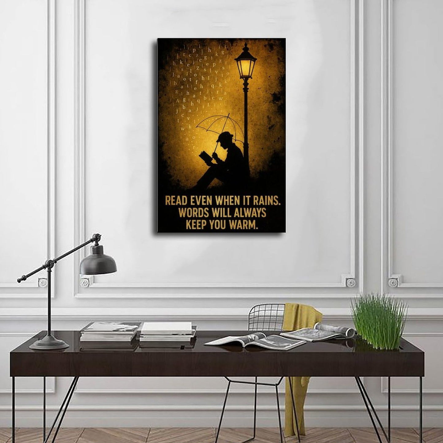 BMtyDG Readers on A Rainy Night, Ink Painting Style Literary Silhouette Canvas Poster Wall Art Prints Room Aesthetic Murals Bedroom And Living Decorations Frame 12x18inch