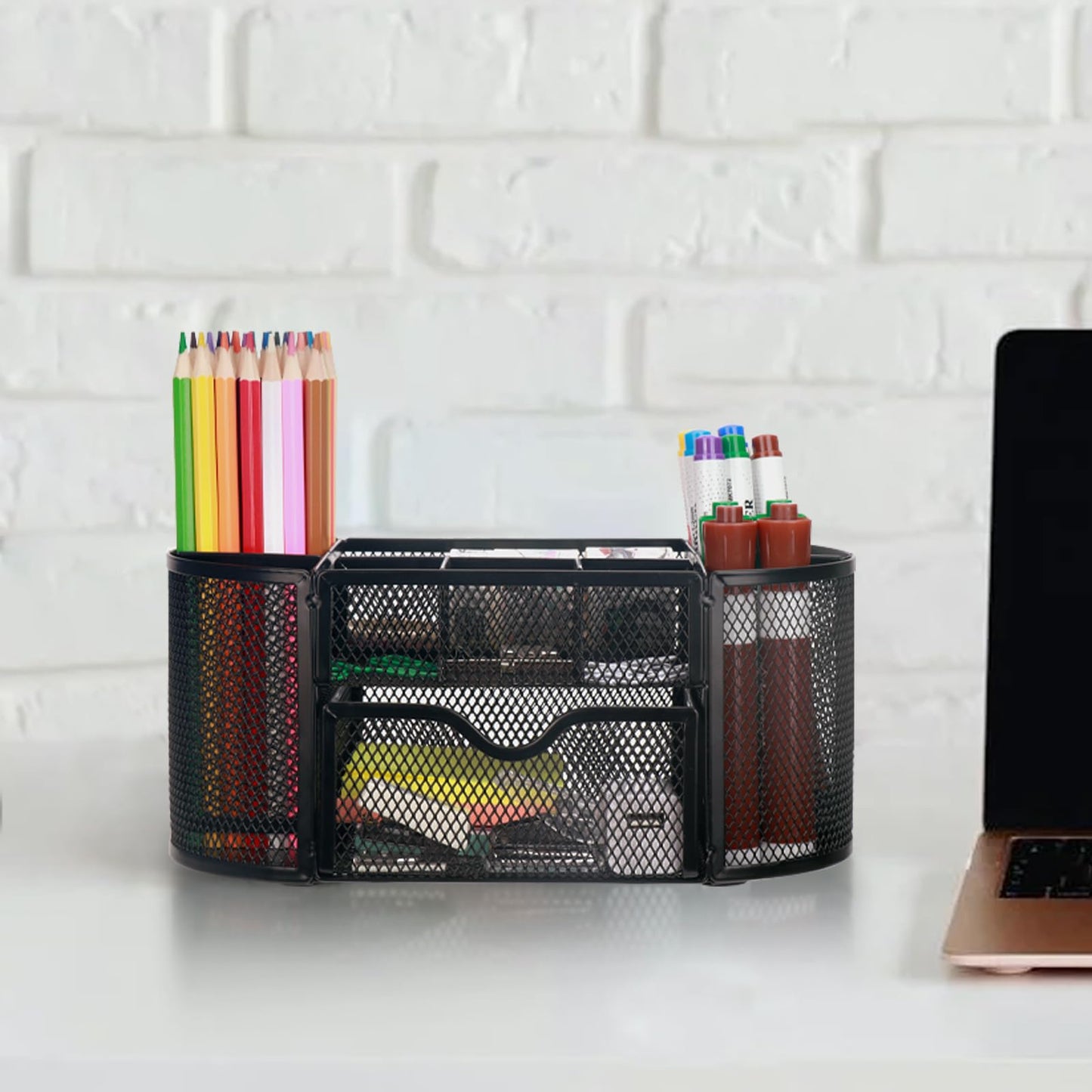 Comix Mesh Pen Pencil Holder Desk Organizer, 8 Compartment and 1 Drawer Wire Desktop Pen Pencil Cup Caddy Office Supplies Accessories for Home Office School, Black