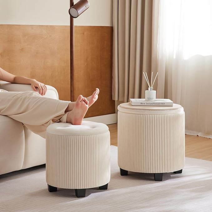 BLEXA Big Round Ottoman with Storage Set of 2, Upholstered Velvet Vanity Stool for Makeup Multifunctional Foot Rest Coffee Table Padded Seat Tufted Ottomans for Living Room&Bedroom (Large White)