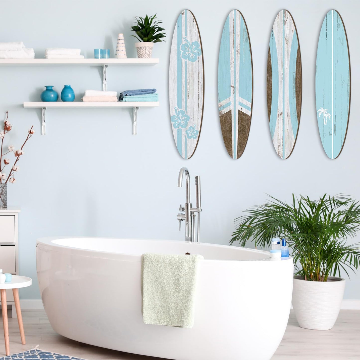 Threan 4 Pcs Large Surfboard Wall Decors Girls Boys Wooden Beach Room Decor 23.6" x 5.4" Preppy Surf Board Hanging Signs Aesthetic Tropical Wall Art for Bedroom Living Room Bathroom Decors(Blue)