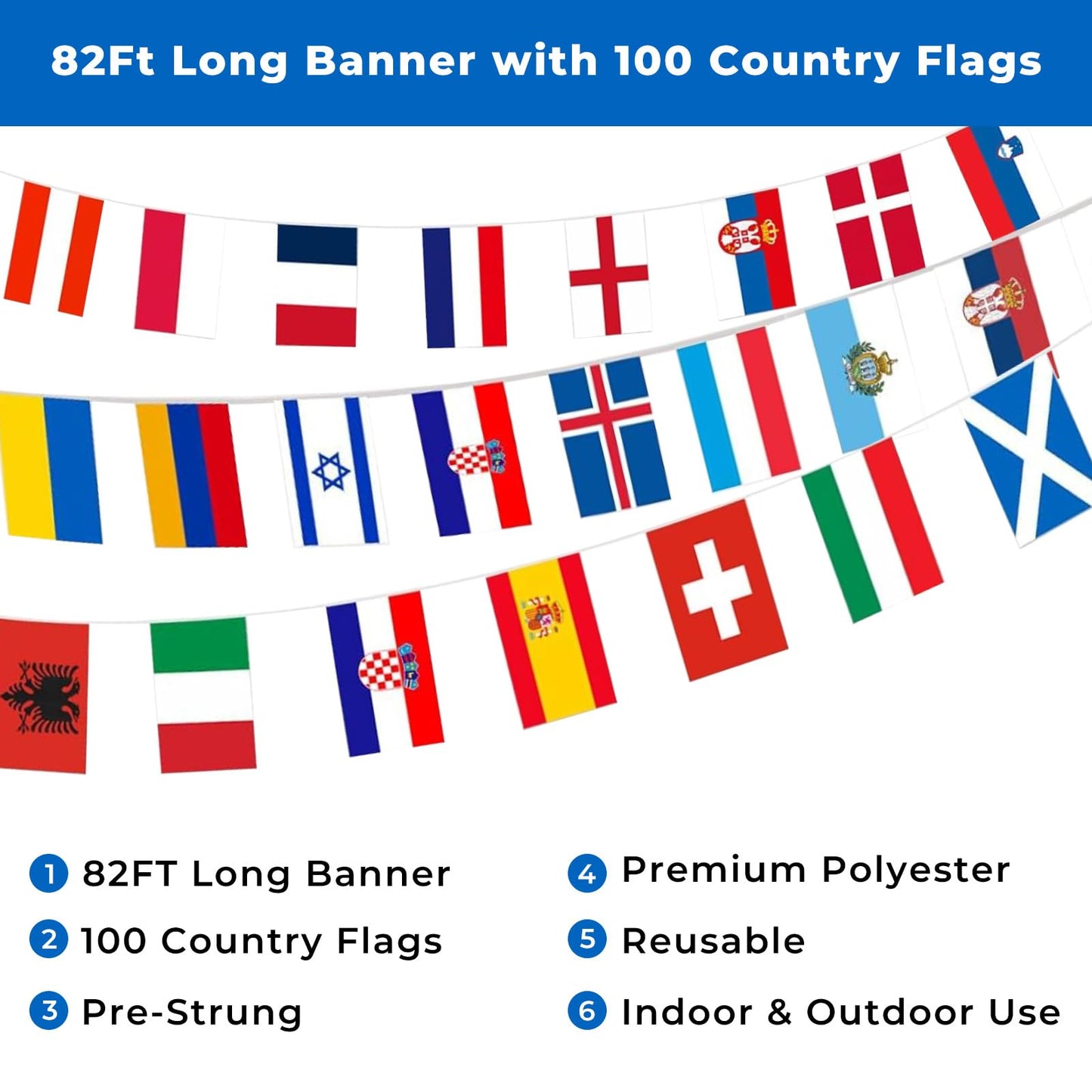 100 Country Flags Banner 82ft, Pre-Strung Reusable Polyester Flags of the World International Bunting for Classroom Decor, Party, Festival, Patio & Outdoor Events