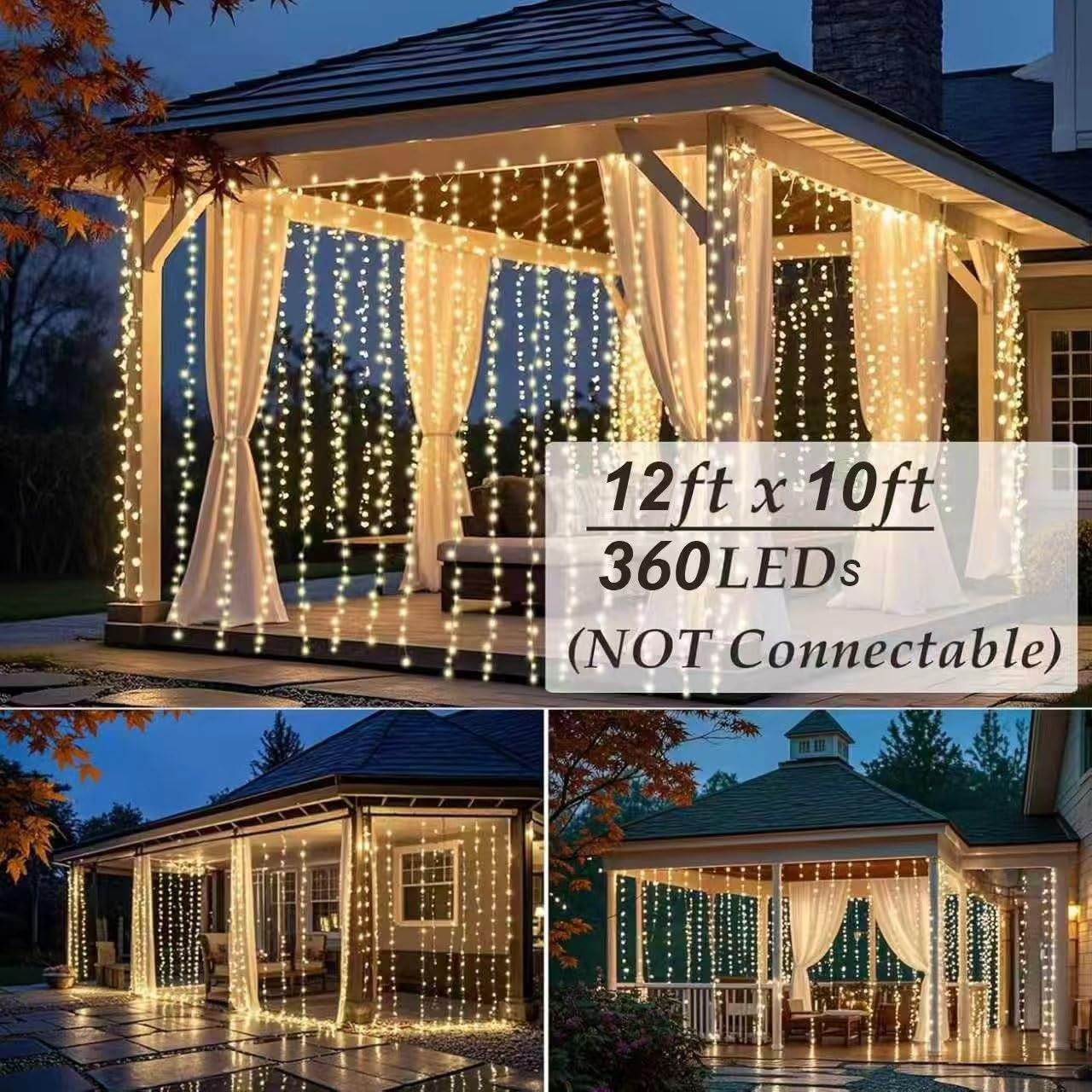Solhice LED Curtain Lights Outdoor 12ft x10ft, 360 LED Plug in Hanging String Lights Indoor Bedroom, Twinkle Light Backdrop for Outside Wedding Decor, Warm White (Not Connectable)