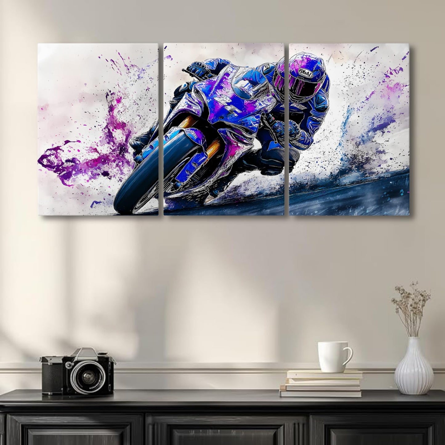 Wivsev Motorcycle Canvas Wall Art,3 Piece Motorcycle Graffiti Wall Art,Modern Cool Racing Poster for Living Room,Bedroom (12" x 18" x 3 pcs)