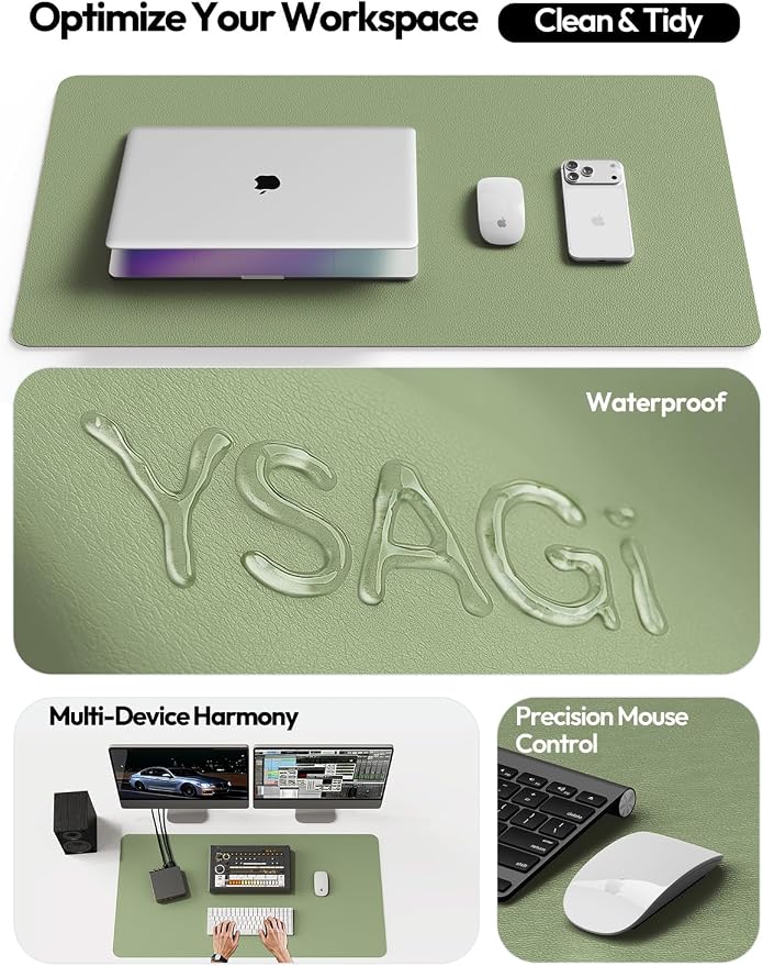 YSAGi Leather Desk Protector, Office Mat, Large Mouse Mat, Non-Slip PU Leather Blotter, Laptop Pad, Waterproof Writing Pad for Office and Home (Bamboo Green, 47" x 17")