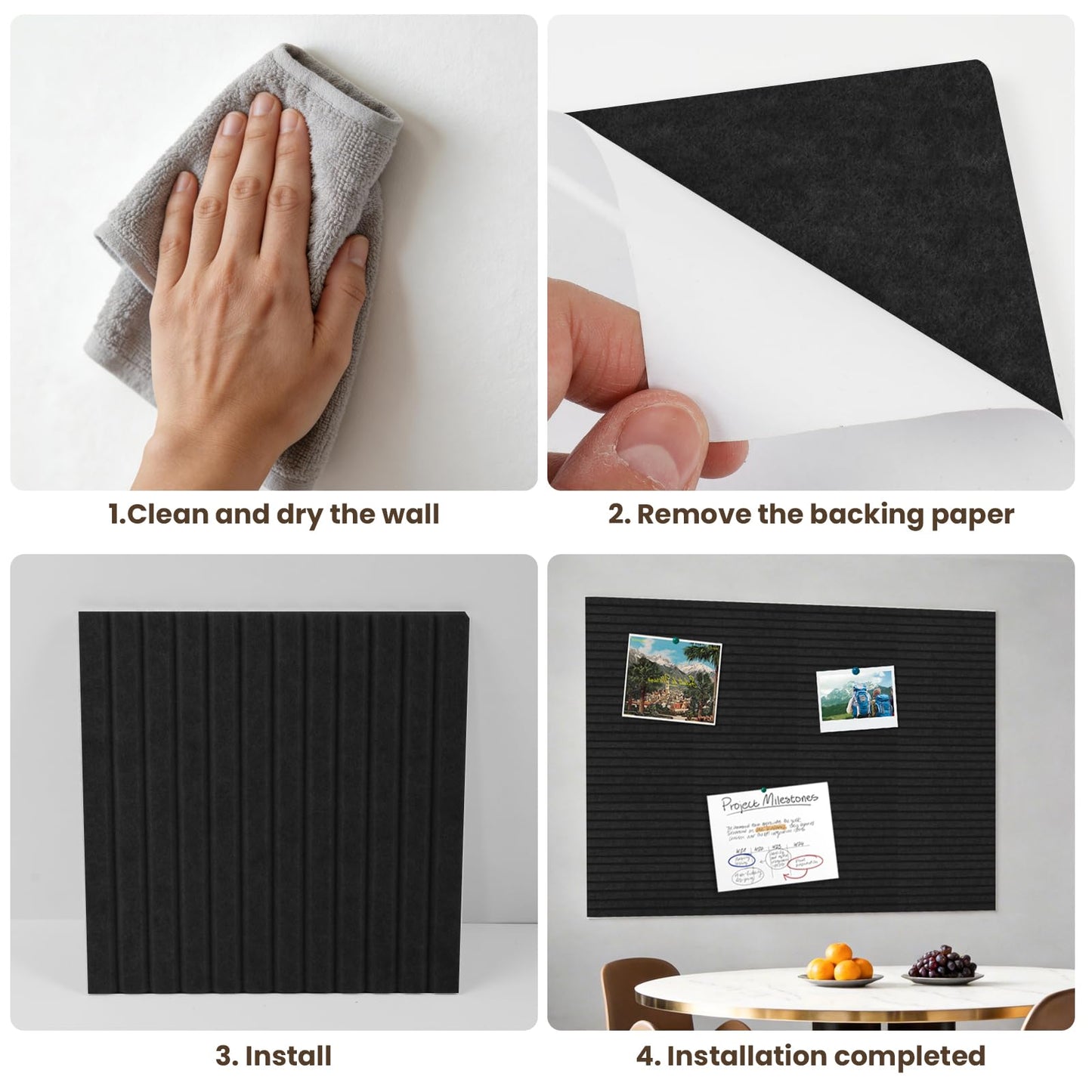 12-PCS Felt Bulletin Board 11.8" x 11.8", Self-Adhesive Sound-Absorbing Wall Panels, Suitable for Office, Classroom, and Home Decoration, Can Be Used to Stick Notes, Photos, and Memos(Black)