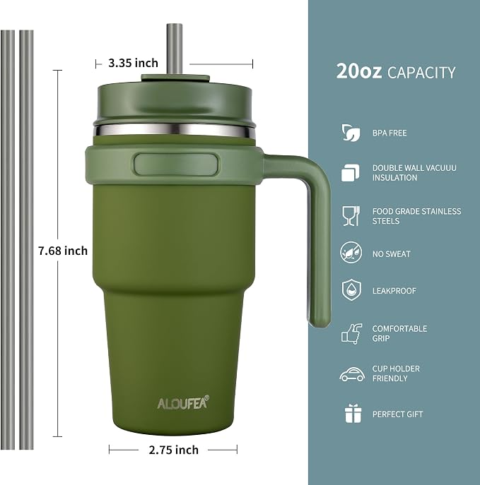 20 oz Insulated Coffee Mug Tumbler with Handle, Stainless Steel Travel Mug Tumbler with Lid and Straw,Double Wall Vacuum Leak Proof Ice Coffee Thermal Cup, Army Green