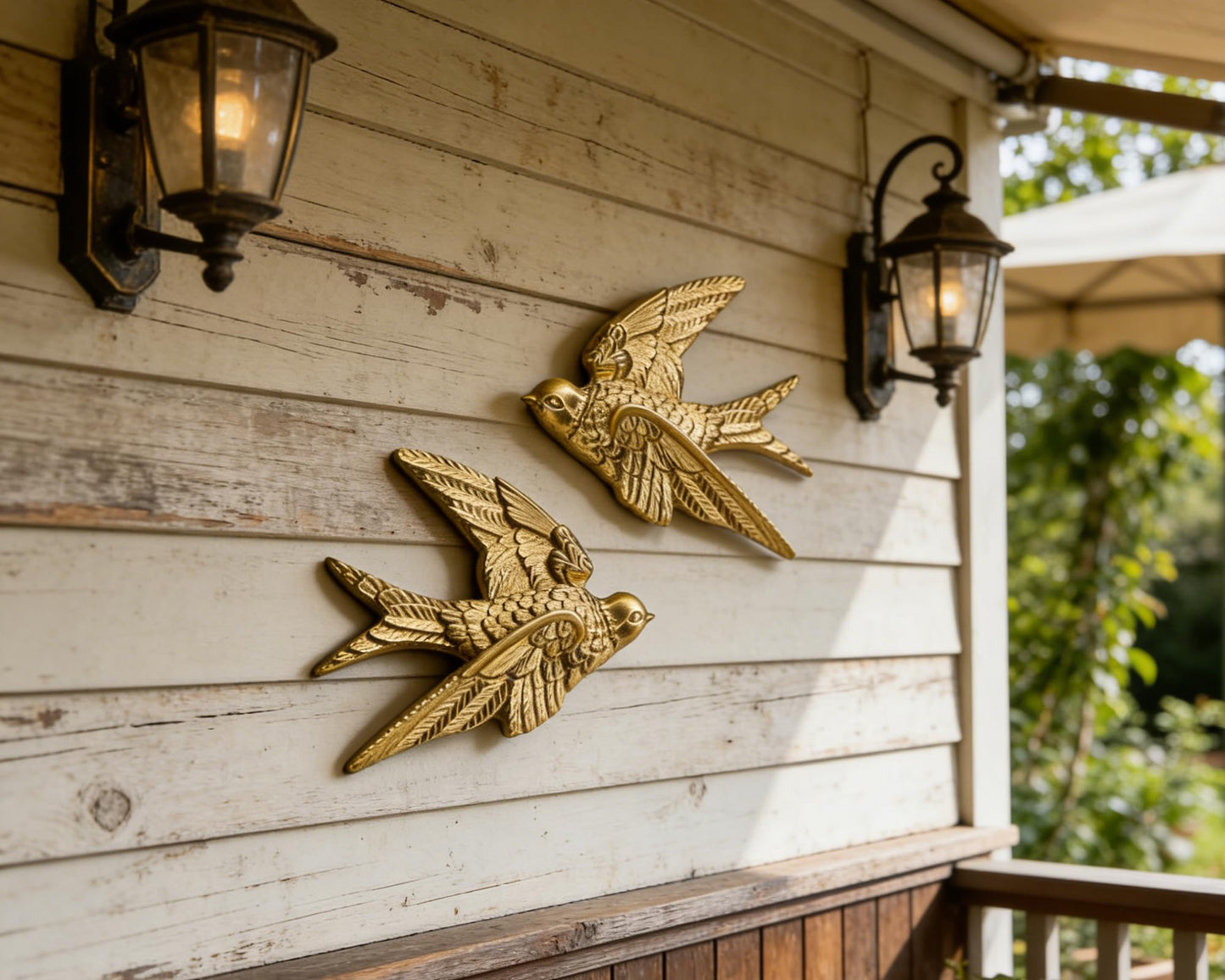 AMOIENSIS Bird Wall Sculpture Art, (Set of 2) 4¾ inch Resin Gold Bird 3D Sculpted Floating Hanging Wall Sculpture Decoration