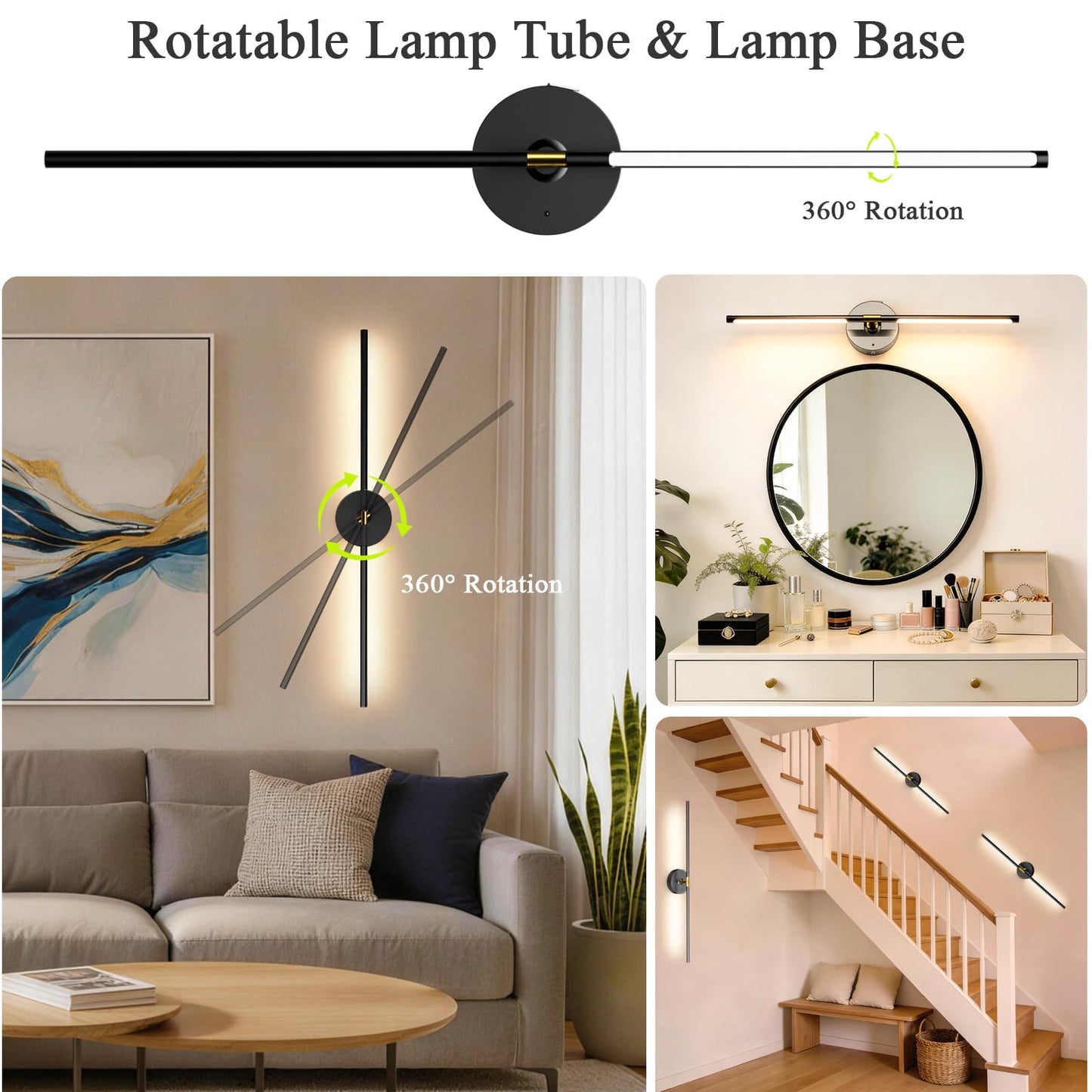 Battery Operated Wall Sconce Set of 2: 10000mAh Wireless Sconces Rechargeable Wall Lights with Touch and Remote, 360° Rotate Cordless Wall Lamp for Bedroom Living Room Hallway, 31.5 Inch, Black