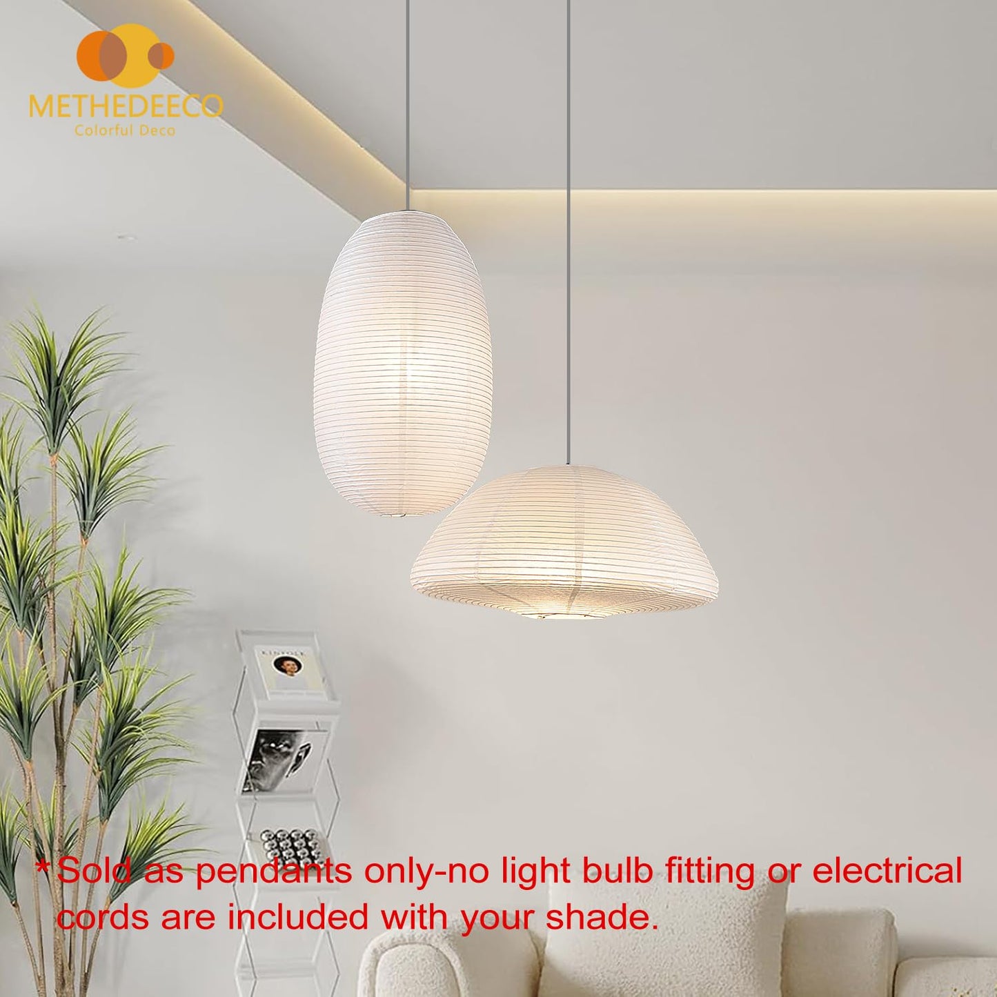 METHEDEECO Set of 2 Rice Paper Pendant Light Shades, Large Japanese Minimalist Hanging Lamp Shades for Dining Room Bedroom Living Room, Decorative Ceiling Shade Covers, 19in & 21in