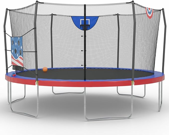 Skywalker Trampoline Outdoor 8 FT, 12 FT, 15 FT Jump N’ Dunk Round Outdoor Trampoline with Net, Trampoline Mat, and Basketball Hoop for Trampoline