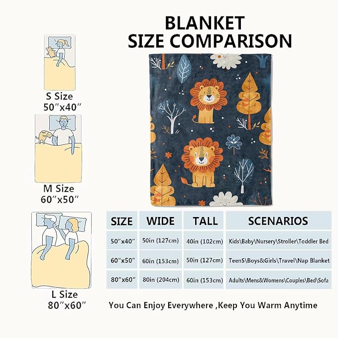 Lion Blanket Cute Cartoon Jungle Tree Throw Blankets,Birthday Gifts for Kids Adult & Animal Lovers,Lightweight Soft Fleece,for Sofa Couch Bed Room Rustic Safari-Themed Decor 50x60in