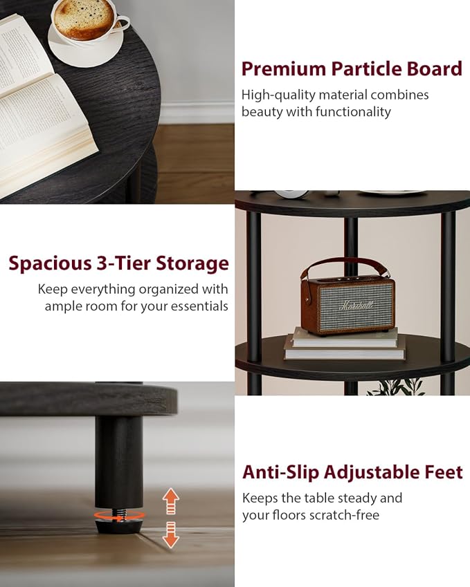 XBurmo Round Coffee Table for Living Room - Narrow Side or Bedside Stand, Industrial Vintage Nightstand for Bedroom, or Small Spaces, Charcoal Wenge
