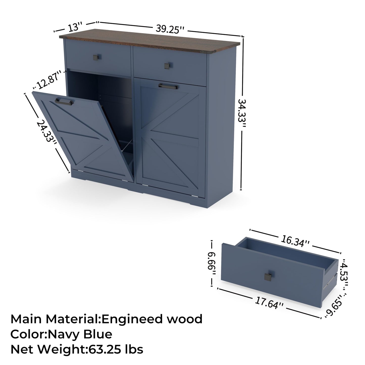 Blue Double Tilt Out Trash Cabinet for 20 Gallon Trash Cans, Free Standing Recycling Cabinet with Hideaway Drawer, Barn Door Style Laundry Sorter Cabinet, Tilt Out Trash Cabinet for Kitchen