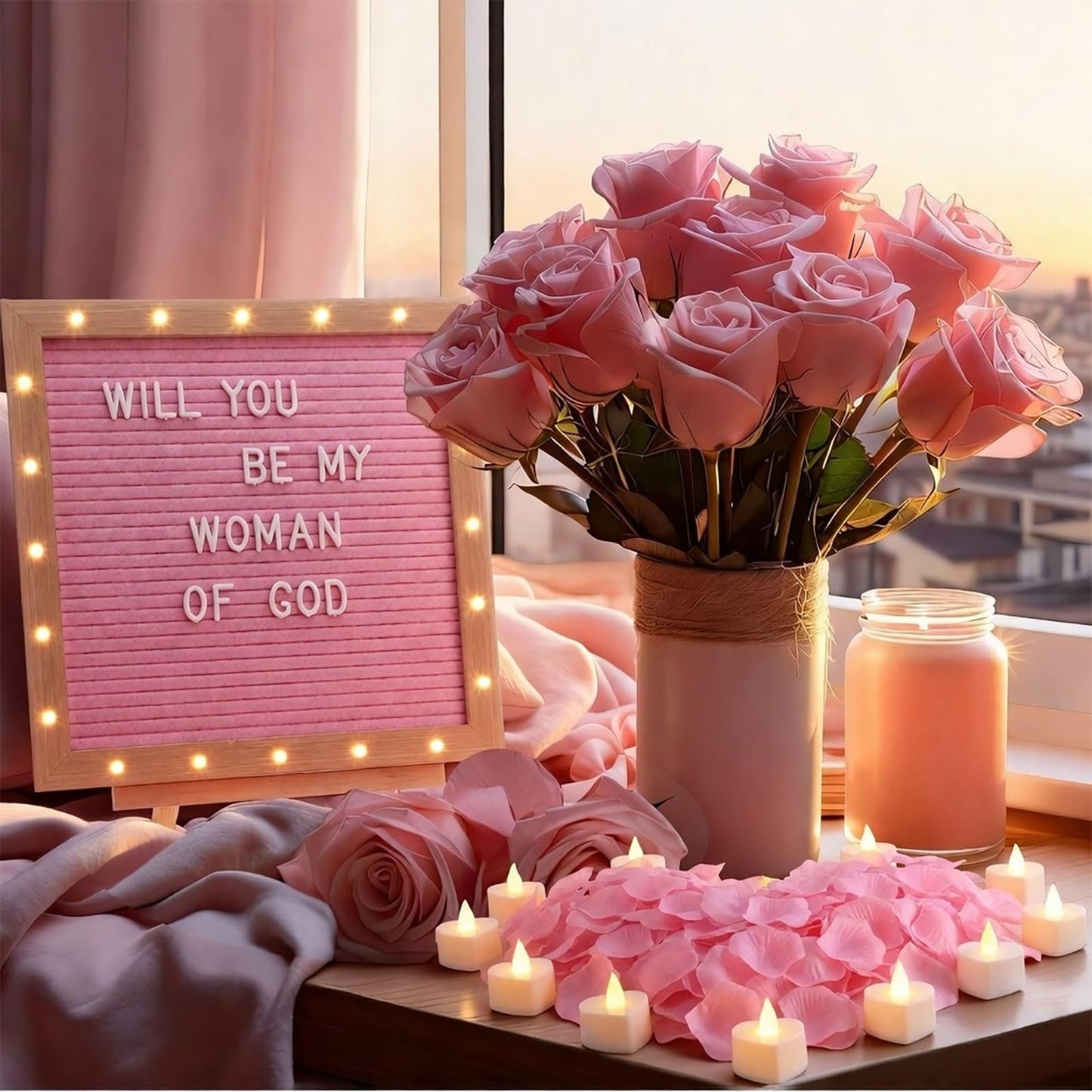Ceenna Will You Be My Girlfriend Romantic Sign with LED Candles and Artificial Rose Petals, Valentine's Day DIY Felt Letter Wood Board Sign with Lights for Valentine's Day Anniversaries Party (Pink)