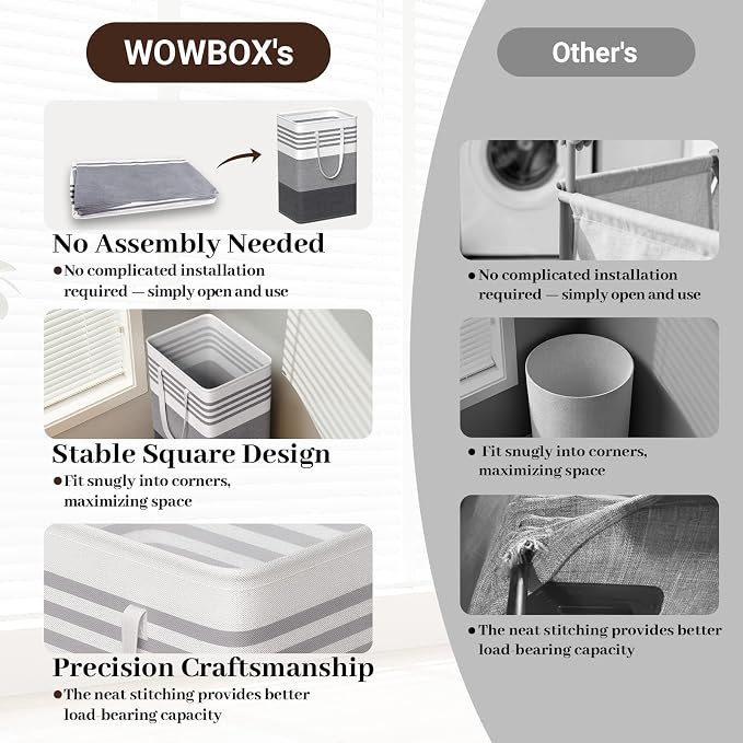 WOWBOX 2 Pack Laundry Baskets, Laundry Hampers, Freestanding Dirty Clothes Hampers with Reinforced Handles & Cross Stitch & Waterproof Coating, for Laundry Bedroom Bathroom Dorm,75L Grey