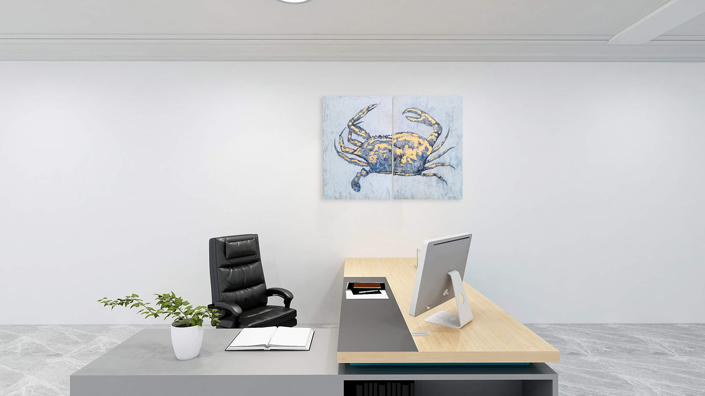 Yihui Arts Blue and Gold Foil Crab Diptych Wall Art - Nautical & Retro Art Decor for Home