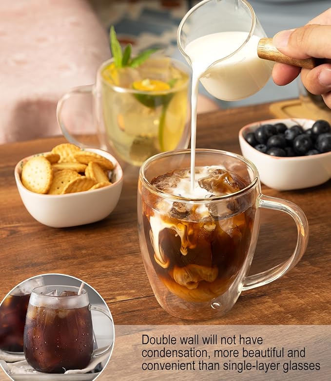 Double Walled Glass Coffee Mugs Set of 4, 12.5OZ Hand Blown Insulated Clear Glass Coffee Cups with Handle,Perfect for Latte,Cappuccino, Espresso, American,Tea Bag, Beverage