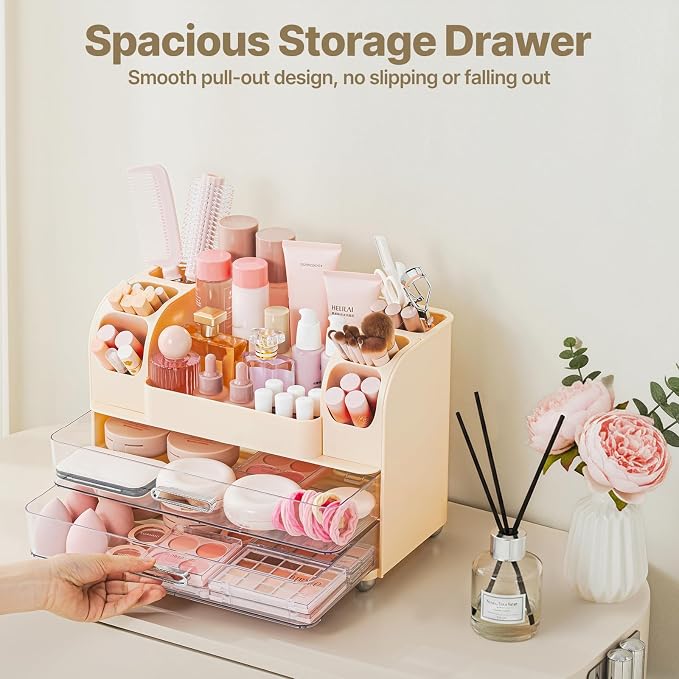 Makeup Organizer with Brush Holder, Makeup Organizer Countertop with 2 Drawers, Make up Organizers for Vanity, Vanity Organizer, Makeup Storage For Skin Cares,Makeup Brushes,Lipsticks,Perfumes(Cream)