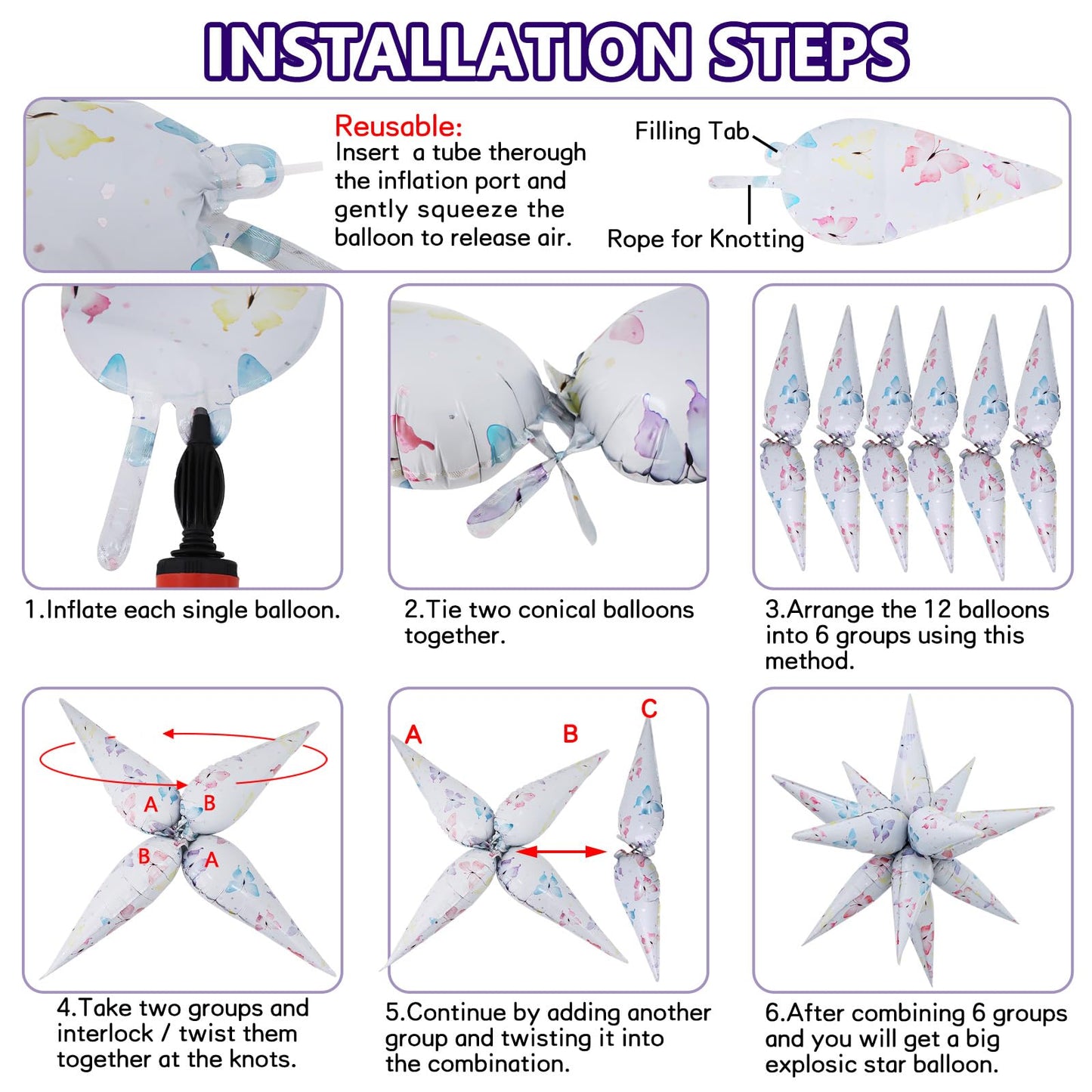 Vuzvuv 2 Pcs 32 inch 4D Huge Butterfly Star Balloons Explosion Star Mylar Foil Balloons for Party Supplies Backdrop,New Year,Birthday, Wedding,Photo Booth Ornament