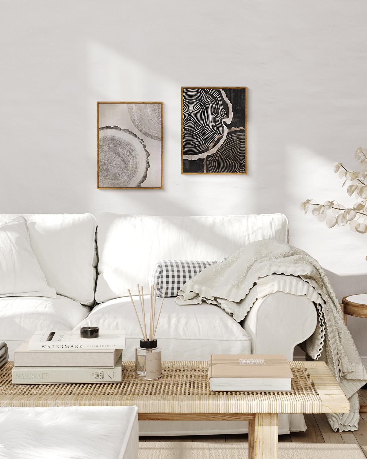HUARCEY Framed Canvas Art Print Set 2PCS Wood Tree Ring Spiral Wall Art, Modern Neutral Nature Print Set of 2 Minimalist Abstract Nordic Wall Decor, Diptych Log Slice Wood Stump Painting