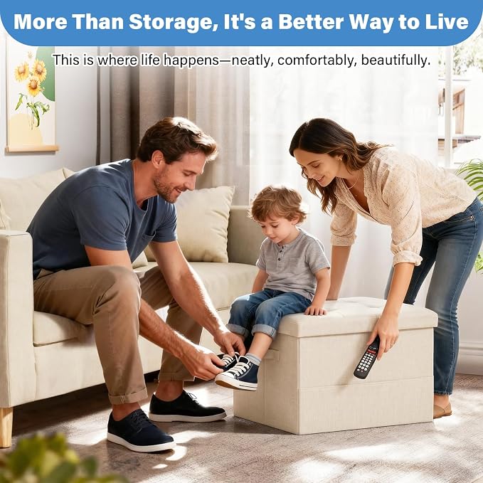 Dayacoco Storage Ottoman Foot Rest Stool, Foldable Foot Rest Stool with Thicker Foam Padded Seat, 43L Small Ottoman with Storage, Holds Up to 350lbs, 17x13x13in, Beige