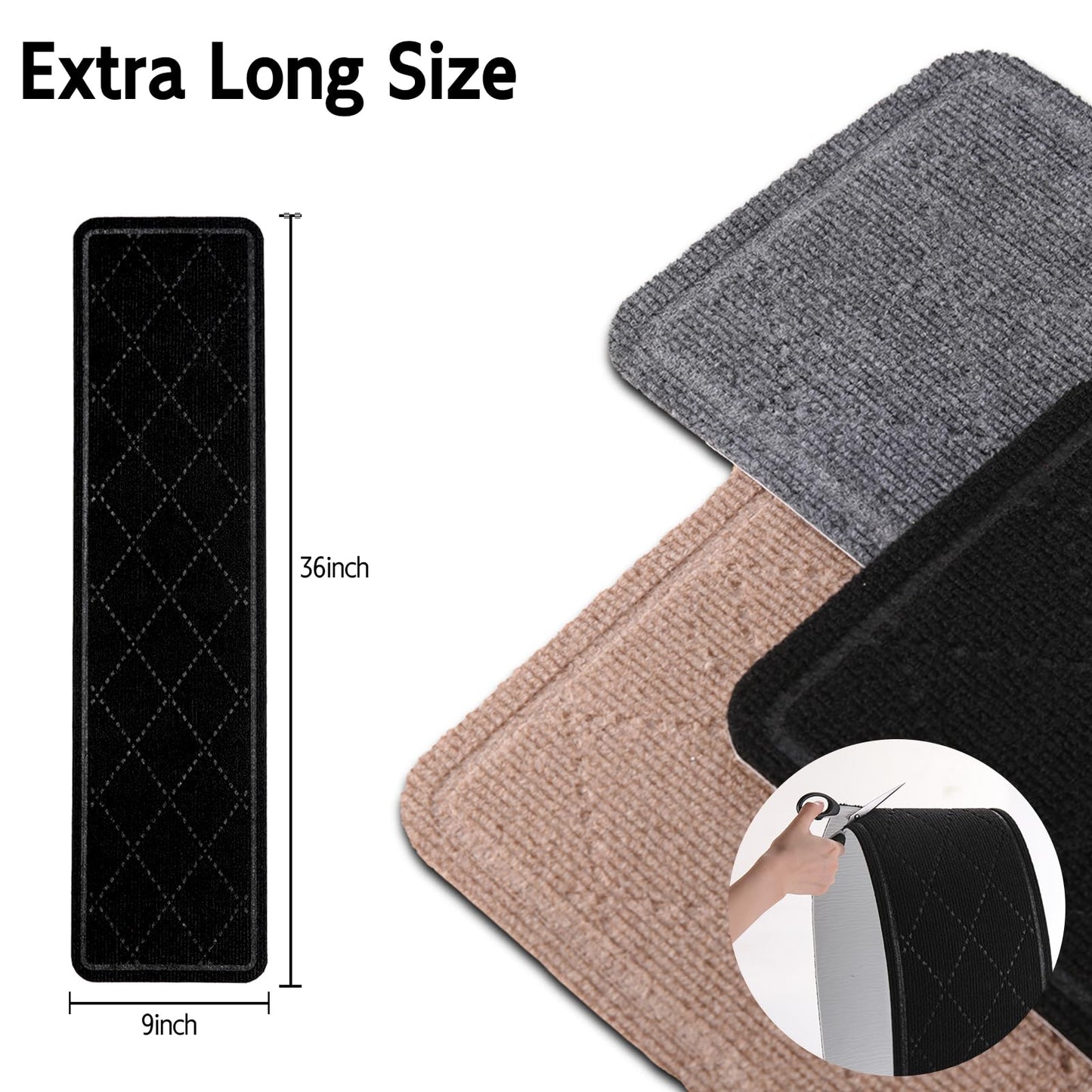 RIOLAND Carpet Stair Treads for Wooden Steps Indoor 9" x 36" Non Slip Stair Treads for Wood Stair with Reusable Adhesive, 15 Pack Peel and Stick Stair Runner for Kids Elders and Dogs, Diamond Black