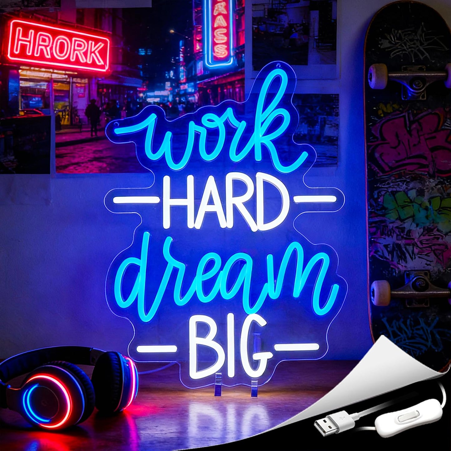 Whfobfe Work Hard Dream Big Neon Sign Led Office Decor Neon Lights Signs for Wall Decor USB Powered Led for Room Decoration Home Game Room Bar Party