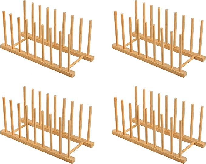 HBlife 4pcs Heighten and Widen Bamboo Dish Dying Rack Pot Lid Plate Organizer Holder for Cabinet, Cutting Board Stand Drainer Storage Plate Rack for Dish, Pot Lid, Bowl, Cup, Cutting Board and Books
