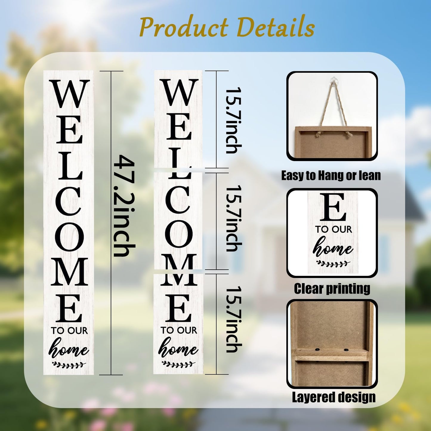 Vertical Wood Welcome Sign for Front Porch Vertical Decorative Sign Front Door Outdoor Indoor Welcome Sign 47.2x7.8 Inch Large Farmhouse Style(White)