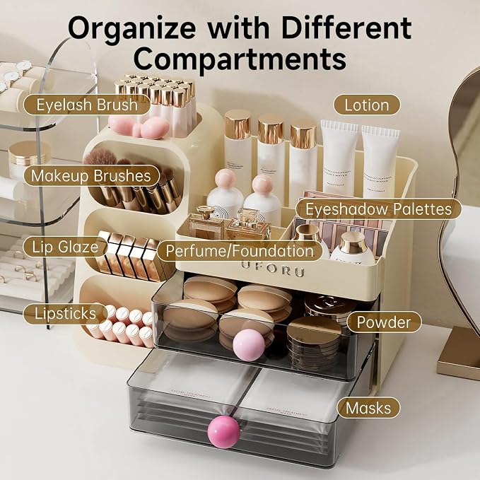 UFORU Makeup Organizer for Vanity with Brush Holder, Large Capacity Bathroom Countertop Skincare Organizer with 2 Drawers, Cosmetic Display Case for Perfumes, Eyeshadow Palettes, Nail Polishes