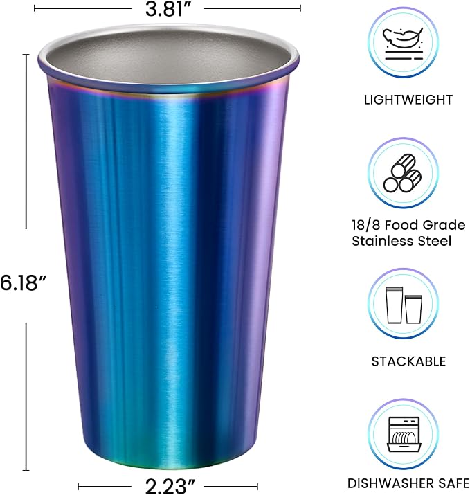 MEWAY 16 Pack 24oz Stainless Steel Pint Cup,Healthy Unbreakable and Stackable,Metal Drinking Glasses，Beer Glasses（Rainbow）