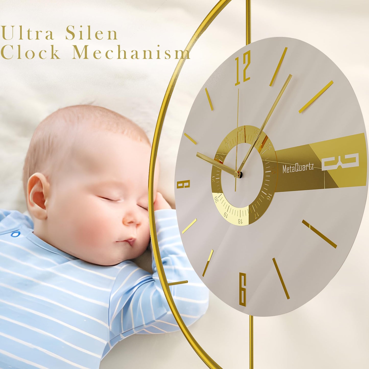 FUNTLY Large Luxury LED Backlit Wall Clock – Pendulum Roman Numeral Metal Ring, Silent Non-Ticking Decorative Clock for Living Room Bedroom Entryway, Modern Halo Glow (Elit Gold)