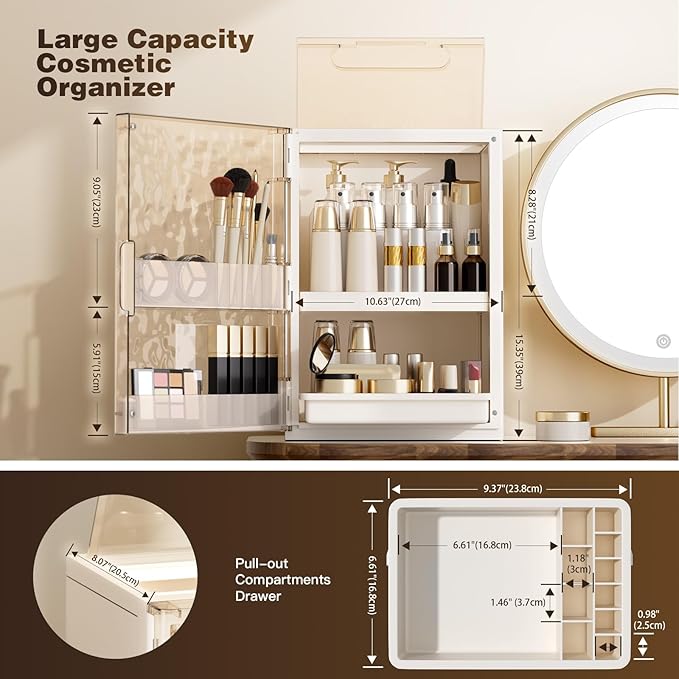 Makeup Organizer with Drawers and Lid, Large Skincare Organizer for Vanity, Dustproof Cosmetic Organizer and Makeup Storage Box with Brush Holder for Dresser, Bathroom Countertop