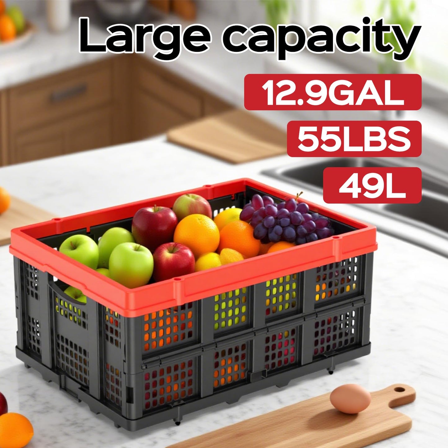 TOLRET 49L Collapsible Crate, Milk Crate for Storage, Foldable Storage Crate, Stackable Crate for Organizing for Home, Shopping, Camping, School, Office, Warehouse, Red