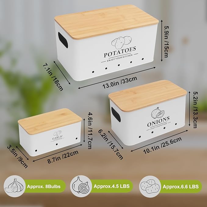 Kitchen Vegetable Storage Set of 3, Metal Onion Garlic Potato Storage Set, Kitchen Canisters Vegetable Keeper Containers with Aerating Holes and Bamboo Lid,White