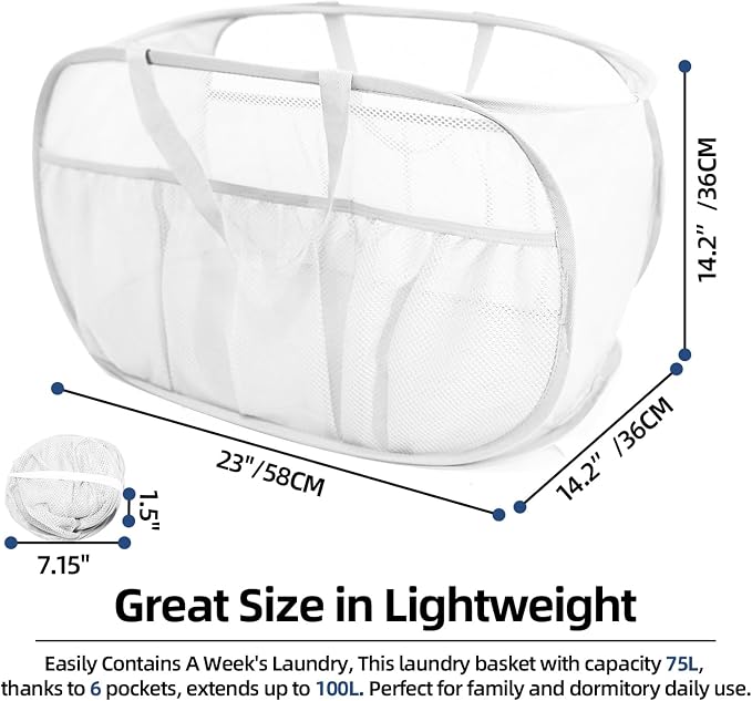 2 Pack Collapsible Laundry Baskets, Upgrade Pop Up Laundry Hamper with Convenient Bags, Foldable Laundry Basket Mesh Light Weight, Easy to Carry Clothes Hampers for Laundry, Dorm, Toys, Travel White