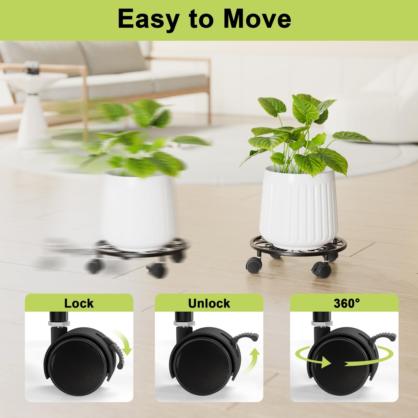 Chinpakden 10.24" Plant Stand with Wheels - 2 Pack Plant Caddy, 360 °Rotatable and Lockable Plant Rollers, Easy to Move, Plant Tray with Casters for Indoor Outdoor Wine Cellar.