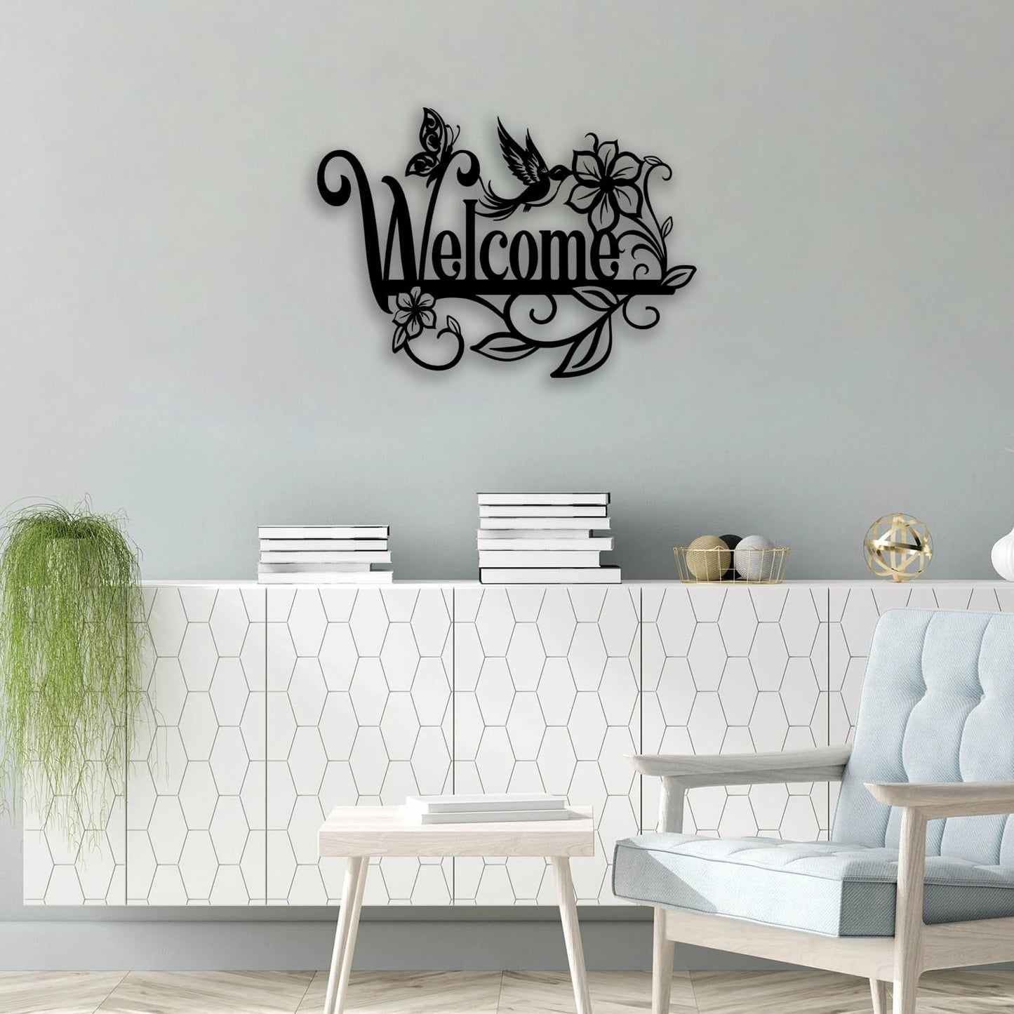 OPTYBVFD Welcome Sign Flower Butterfly Metal Wall Decor - Room Decor Wall Art Home Decor for Living Room, Outdoor, Garden, Farmhouse (Black)