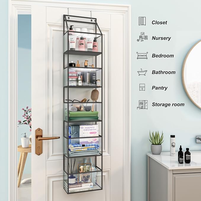 Fixwal Over The Door Hanging Pantry Organizer - 5-Shelf Room Storage With Clear Plastic Pockets for Behind The Door - Large Capacity for Closet, Bedroom, Bathroom (Grey)