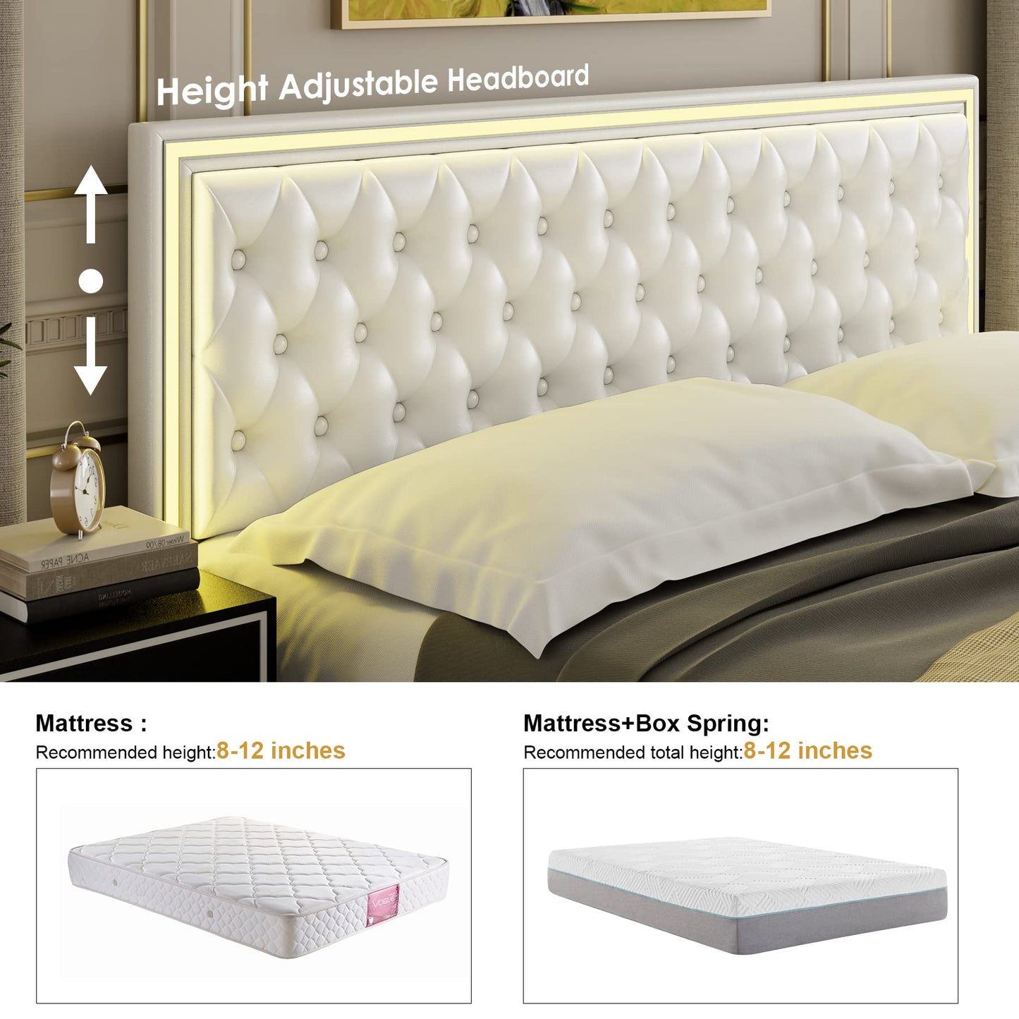 Keyluv Queen Upholstered LED Bed Frame with 4 Drawers, PU Leather Platform Storage Bed with Adjustable Button Tufted Headboard and Solid Wooden Slats Support, No Box Spring Needed, White