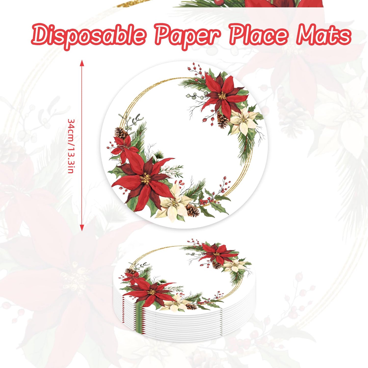 50 Pack Christmas Paper Placemats 13.7 Inch Xmas Poinsettia Disposable Round Place Mats Winter Red Green Table Mats for Holiday Christmas New Years Party Home Dinner Table Setting
